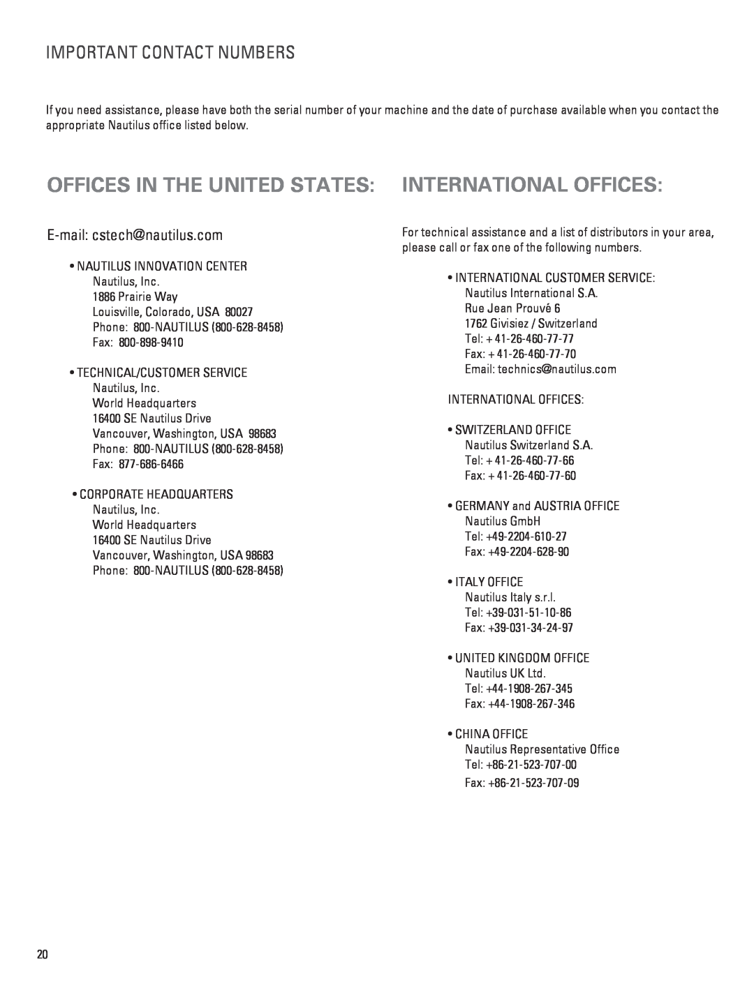 Bowflex 001-6961 manual Offices In The United States International Offices, Important Contact Numbers 