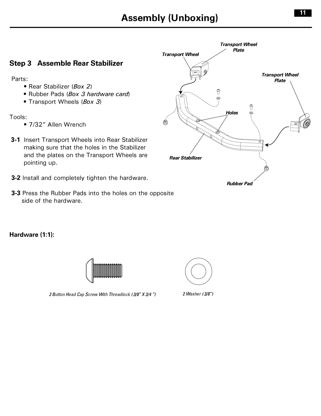 Bowflex 001-7057 manual Assemble Rear Stabilizer, Rubber Pads Box 3 hardware card 