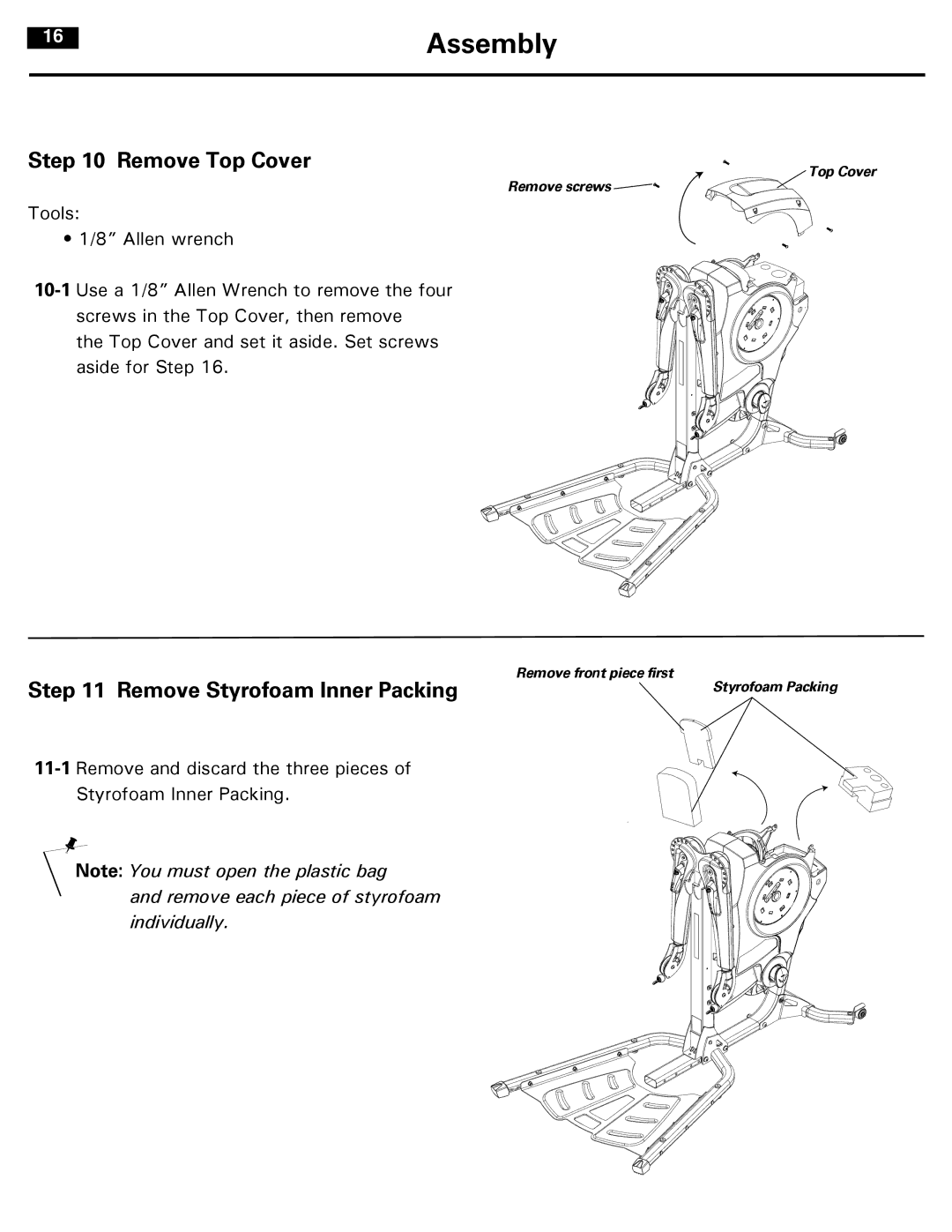 Bowflex 001-7057 manual Assembly, Remove Top Cover, Remove Styrofoam Inner Packing 