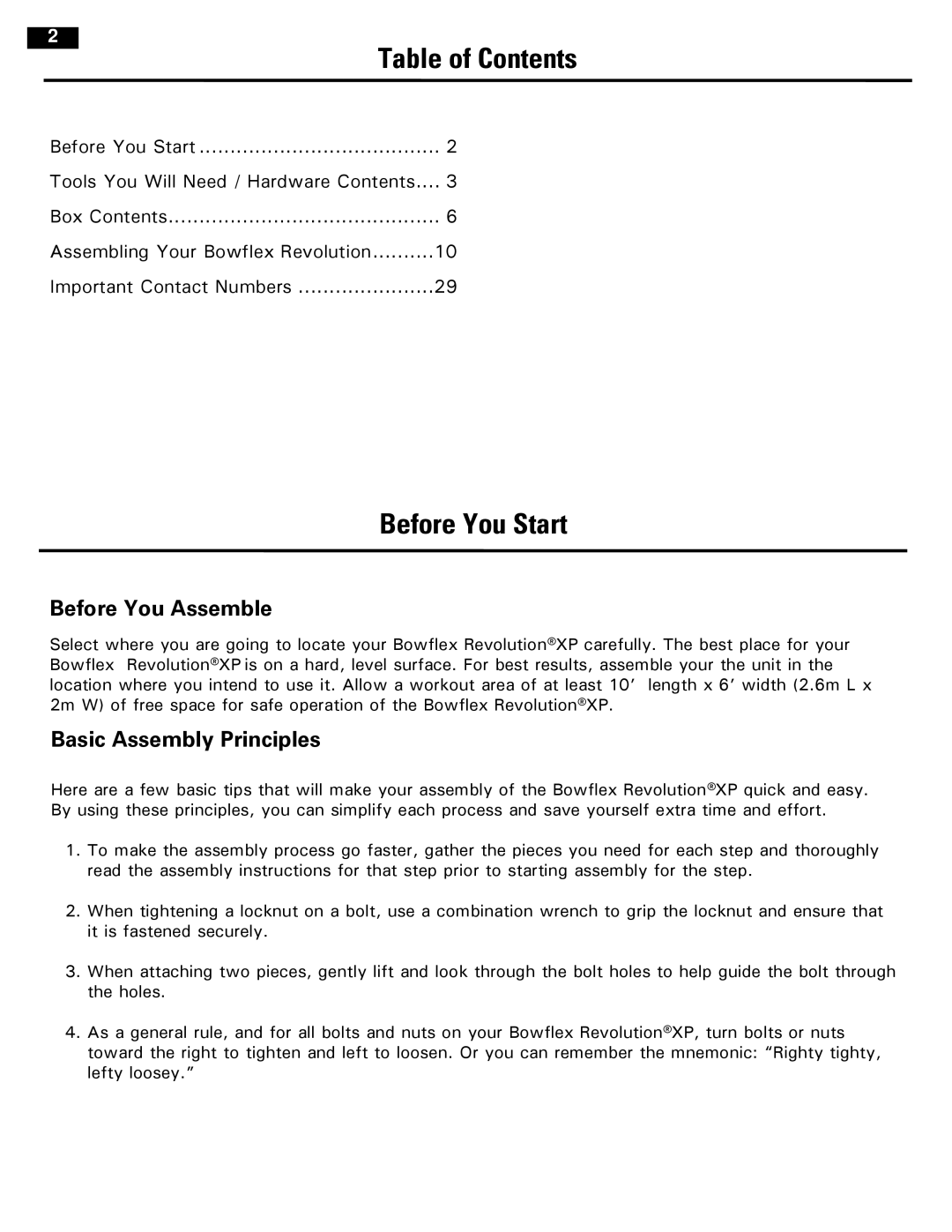 Bowflex 001-7057 manual Table of Contents, Before You Start 