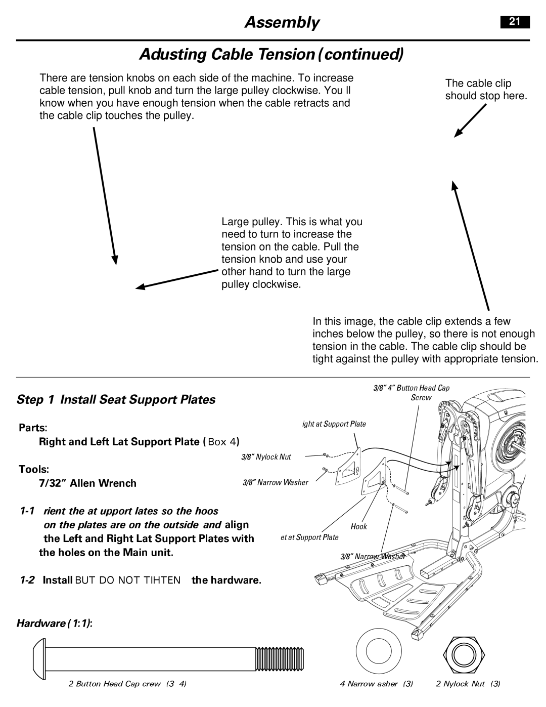 Bowflex 001-7057 manual Assembly Adjusting Cable Tension, Install Seat Support Plates 