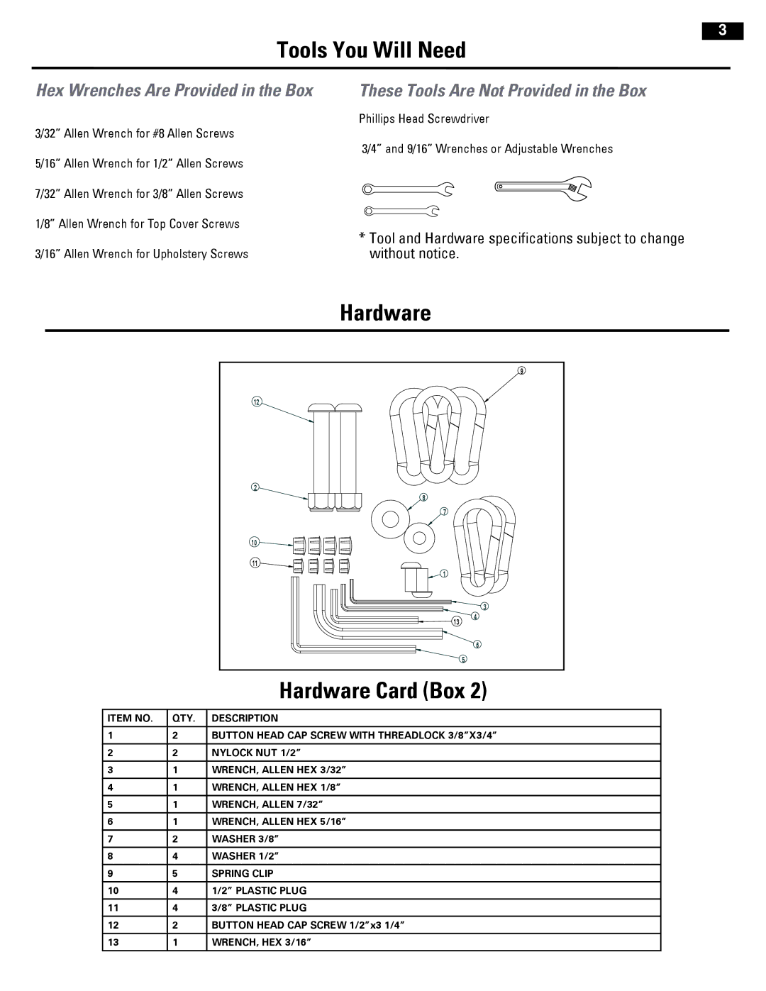 Bowflex 001-7057 manual Tools You Will Need, Hardware Card Box 