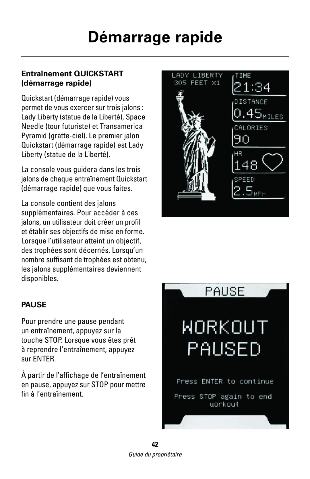 Bowflex 003-3171-030309B manual Entraînement Quickstart démarrage rapide, Reprendre l’entraînement, appuyez sur Enter 