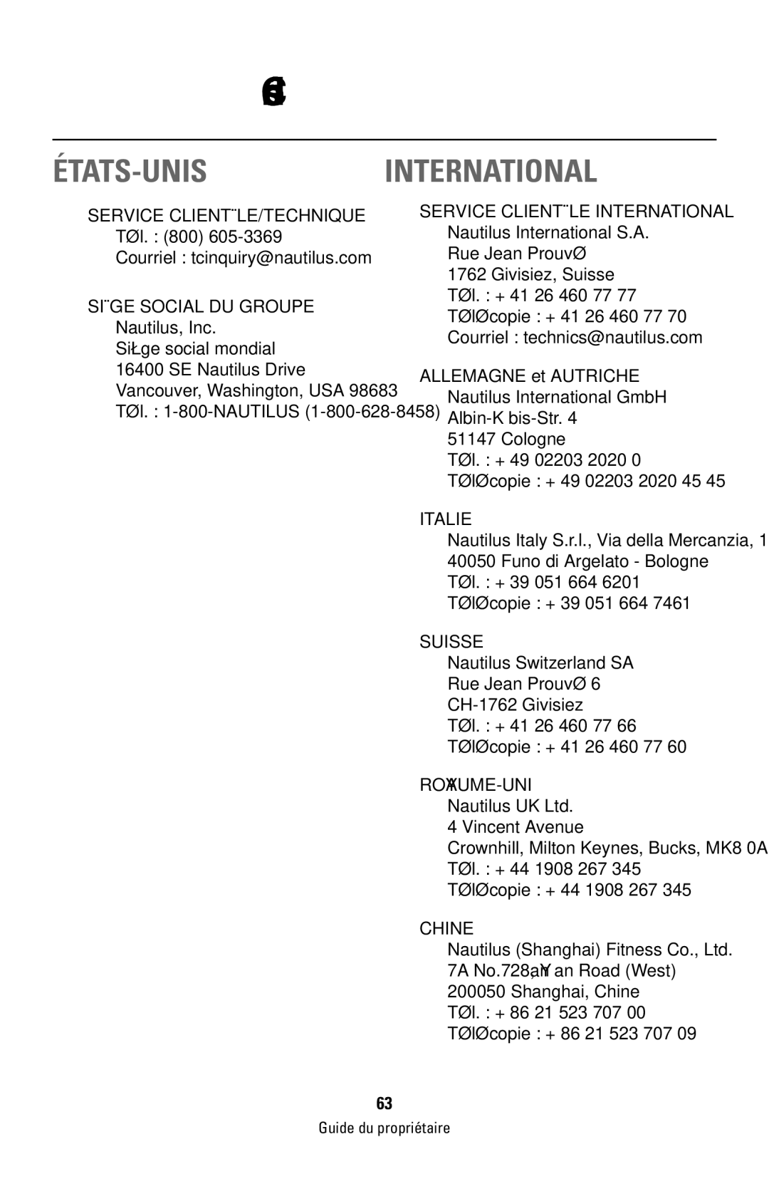 Bowflex 003-3171-030309B manual Coordonnées, États-Unis 