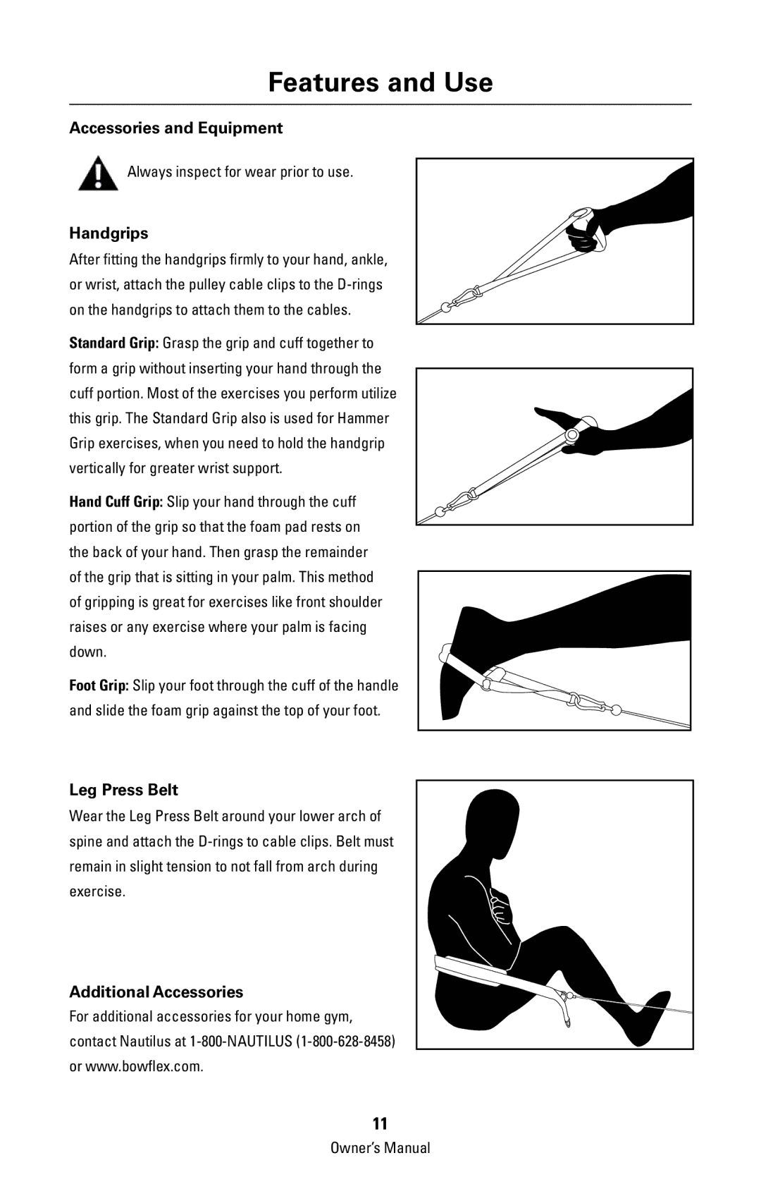 Bowflex 003-3211-120108A manual Accessories and Equipment, Always inspect for wear prior to use, Handgrips, Leg Press Belt 