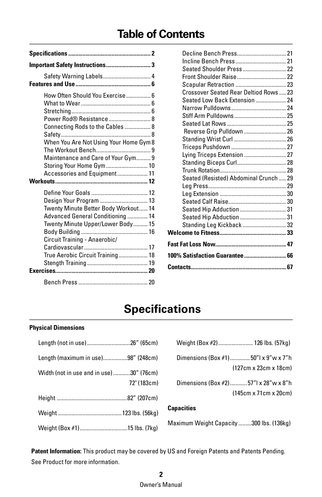 Bowflex 003-3211-120108A manual Table of Contents 