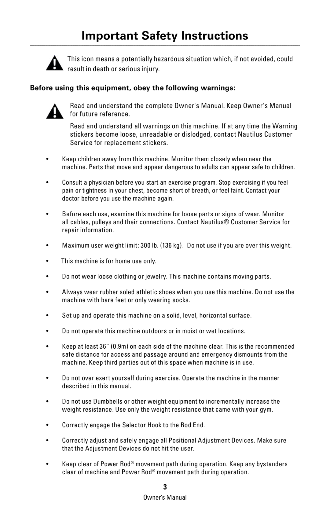 Bowflex 003-3211-120108A manual Important Safety Instructions, Before using this equipment, obey the following warnings 