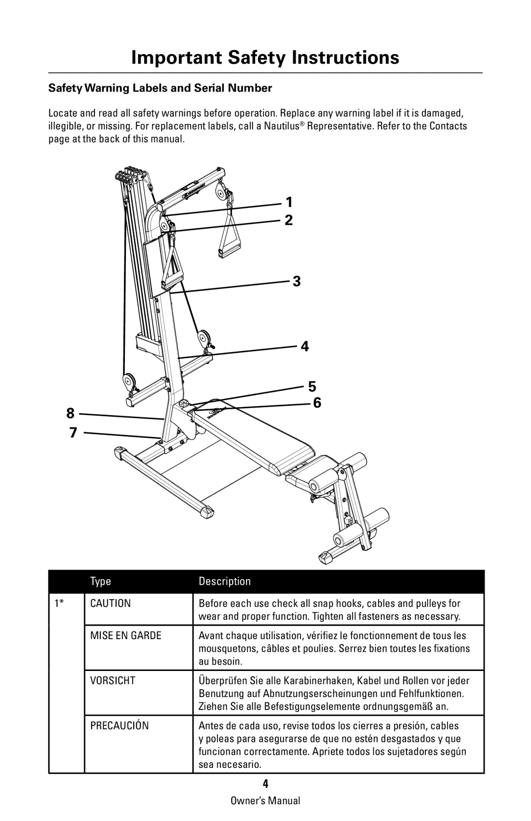 Bowflex 003-3211-120108A manual Safety Warning Labels and Serial Number, Au besoin, Sea necesario 