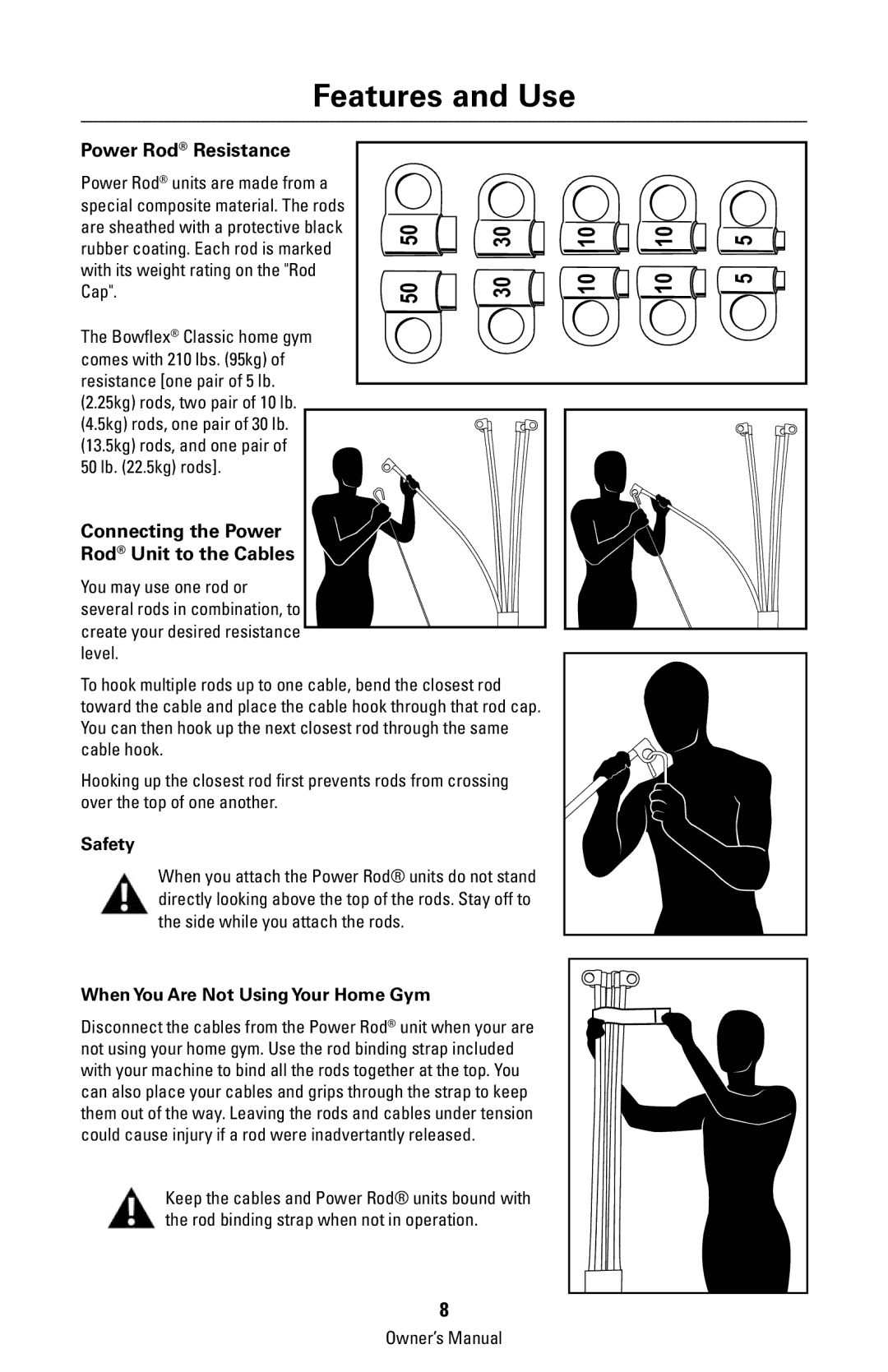 Bowflex 003-3211-120108A manual Power Rod Resistance, Connecting the Power Rod Unit to the Cables, Safety 