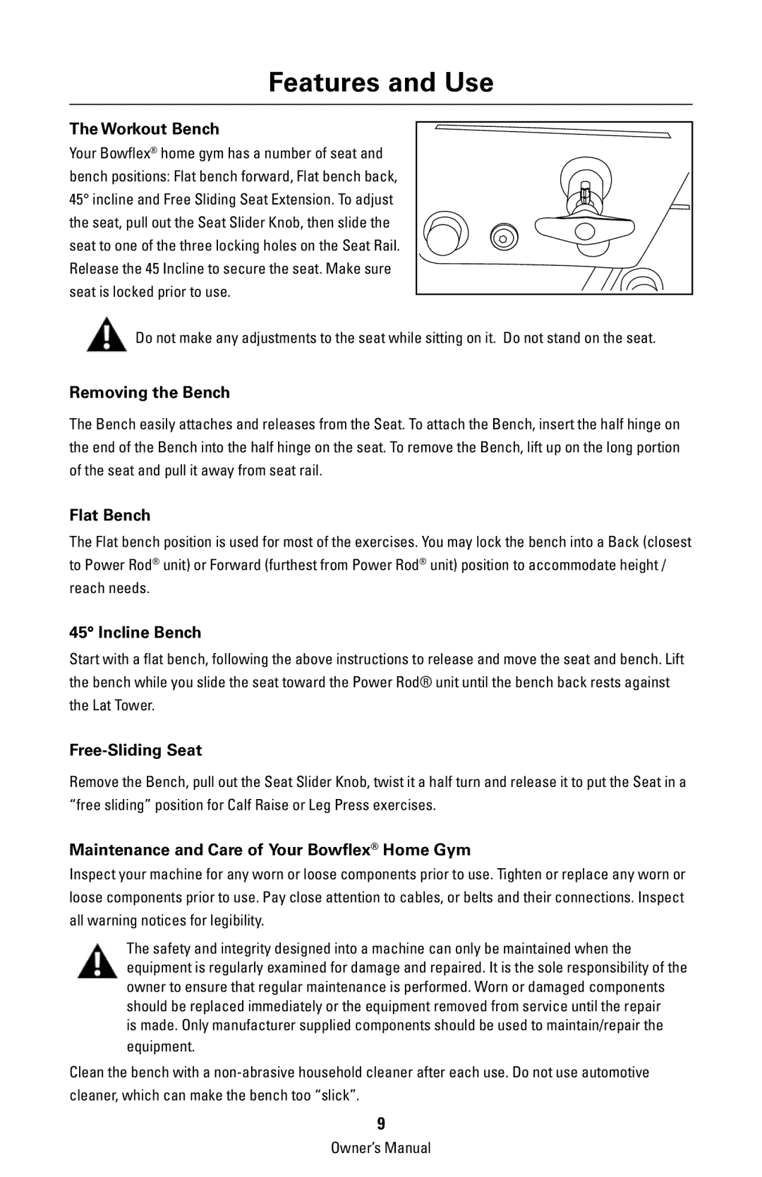 Bowflex 003-3211-120108A manual Workout Bench, Removing the Bench, Flat Bench, Incline Bench, Free-Sliding Seat 