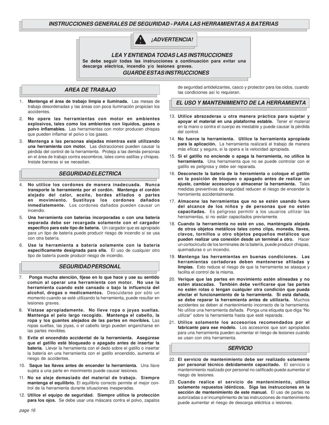 Bowflex 0513-21 Guarde Estas Instrucciones Area DE Trabajo, EL USO Y Mantenimiento DE LA Herramienta, Seguridad Electrica 