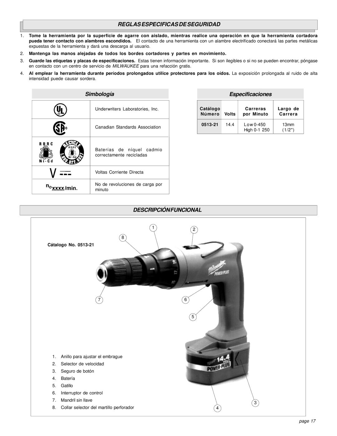 Bowflex 0513-21 manual Reglas Especificas DE Seguridad, Descripción Funcional, Catálogo Carreras Largo de, Cátalogo No 