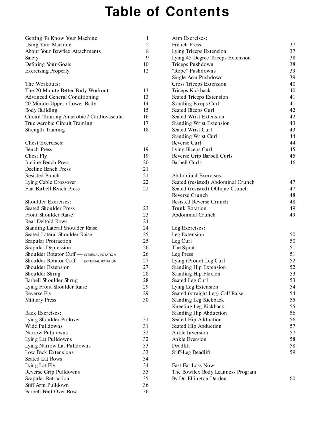 Bowflex 2 manual Table of Contents 