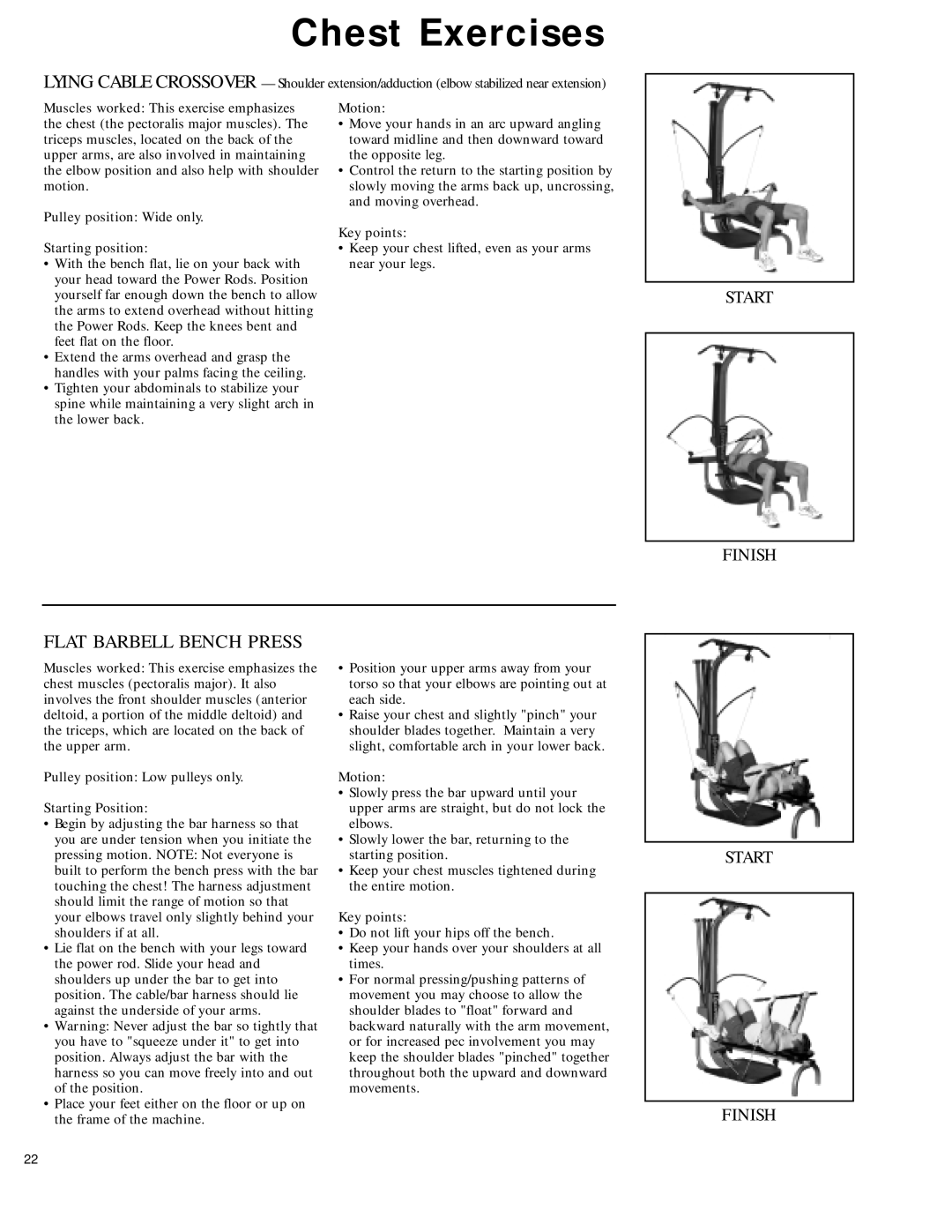 Bowflex 2 manual Flat Barbell Bench Press, Pulley position Wide only Starting position 