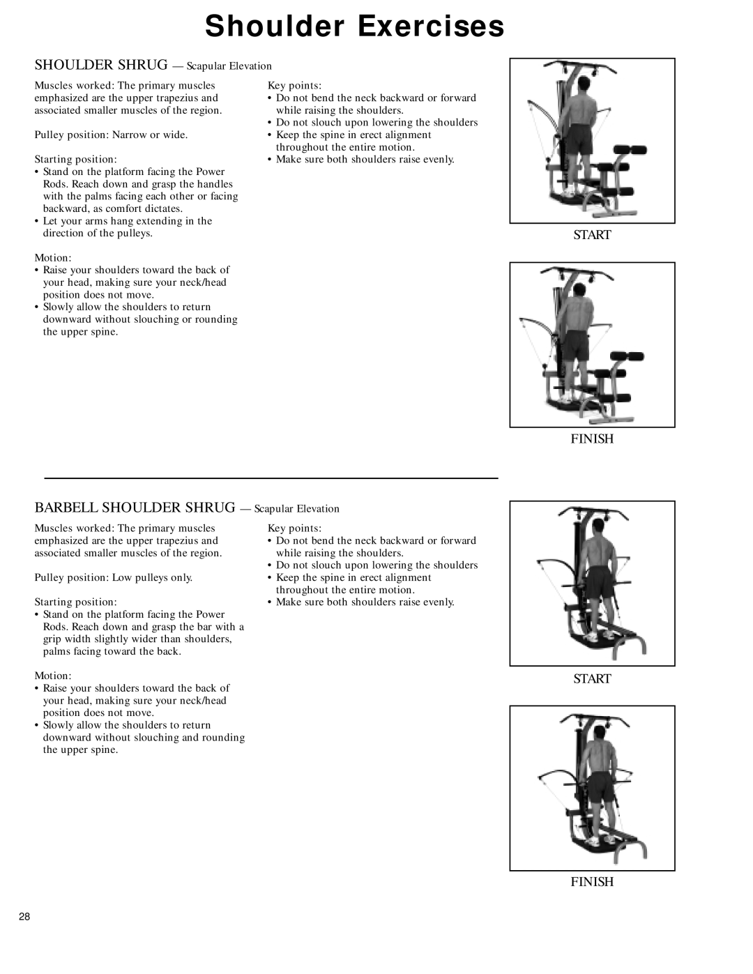 Bowflex 2 manual Barbell Shoulder Shrug Scapular Elevation, Pulley position Narrow or wide Starting position 