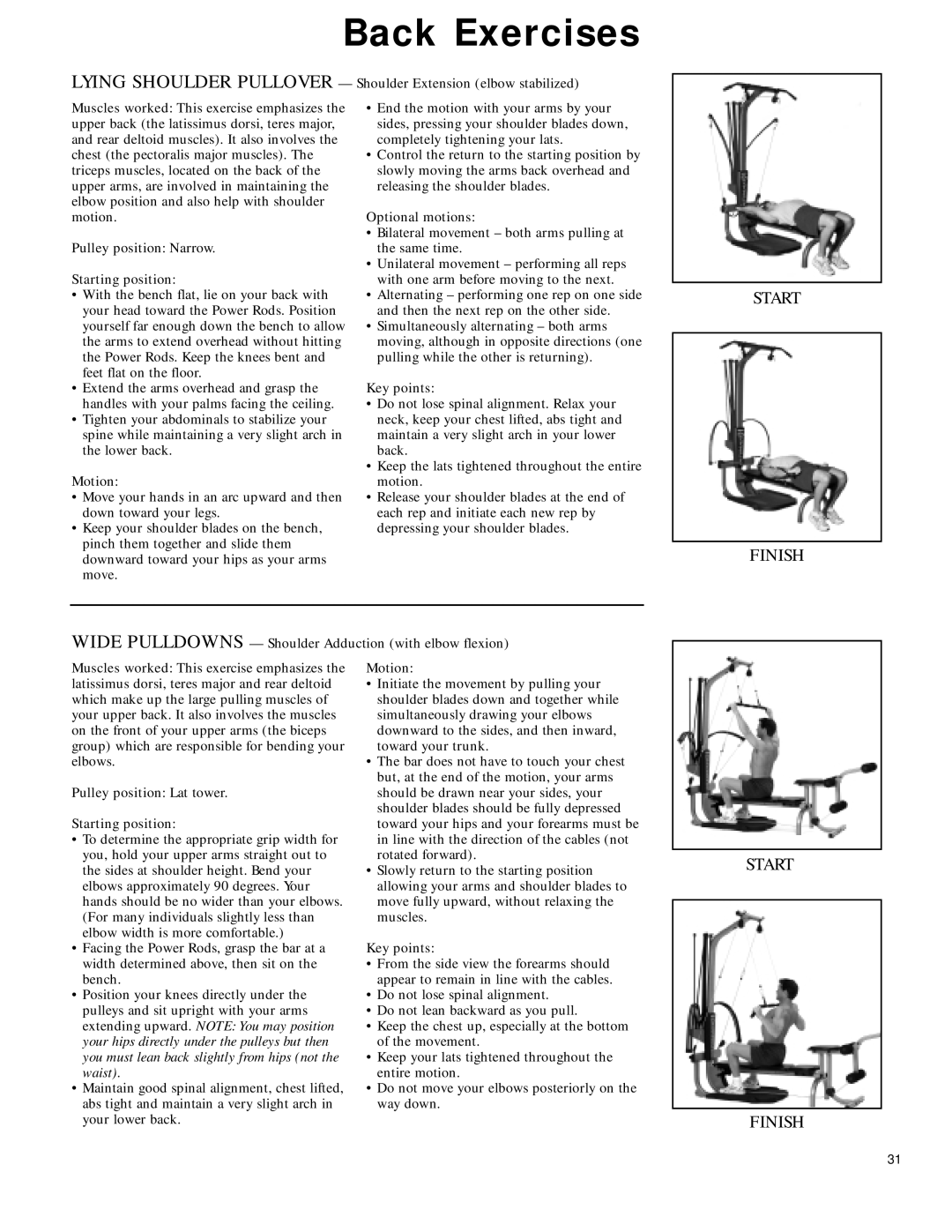 Bowflex 2 manual Back Exercises, Pulley position Lat tower Starting position 