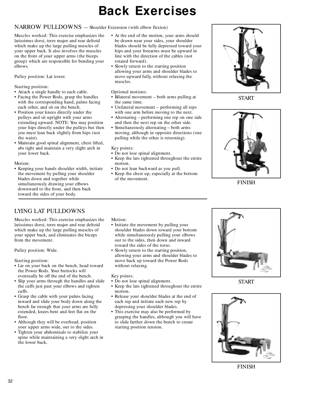 Bowflex 2 manual Lying LAT Pulldowns, Pulley position Wide Starting position 