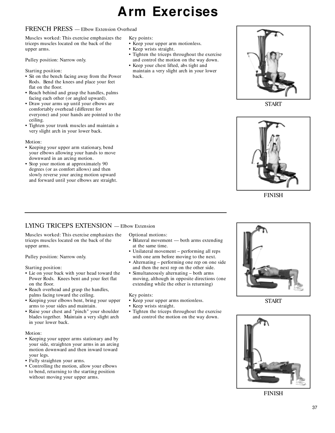 Bowflex 2 manual Arm Exercises, Lying Triceps Extension Elbow Extension 