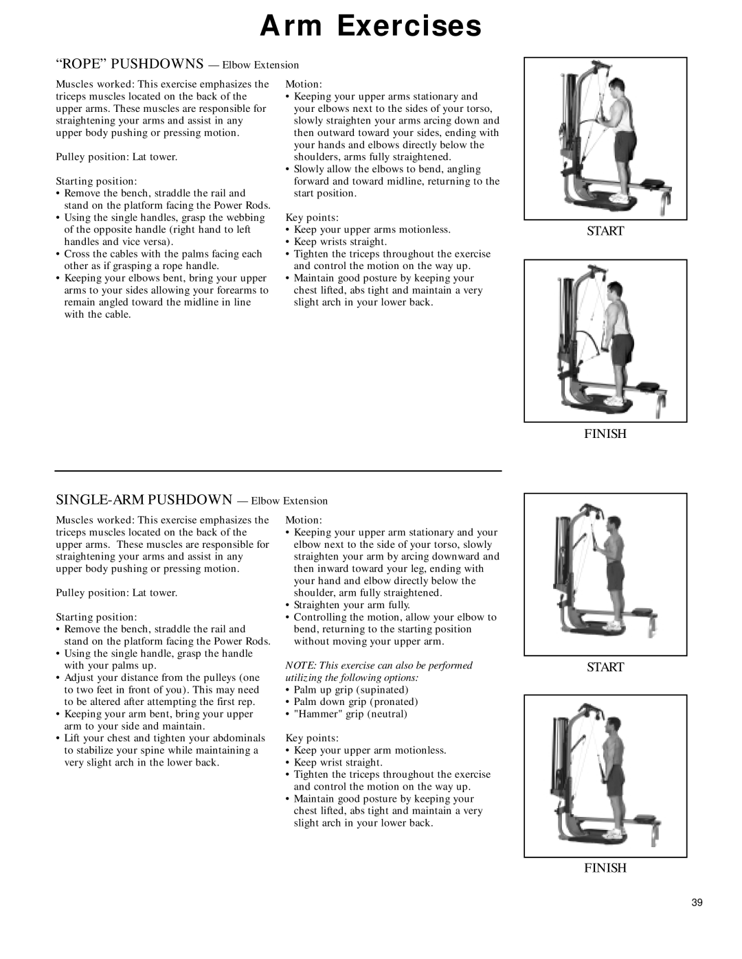 Bowflex 2 manual Rope Pushdowns Elbow Extension, SINGLE-ARM Pushdown Elbow Extension 