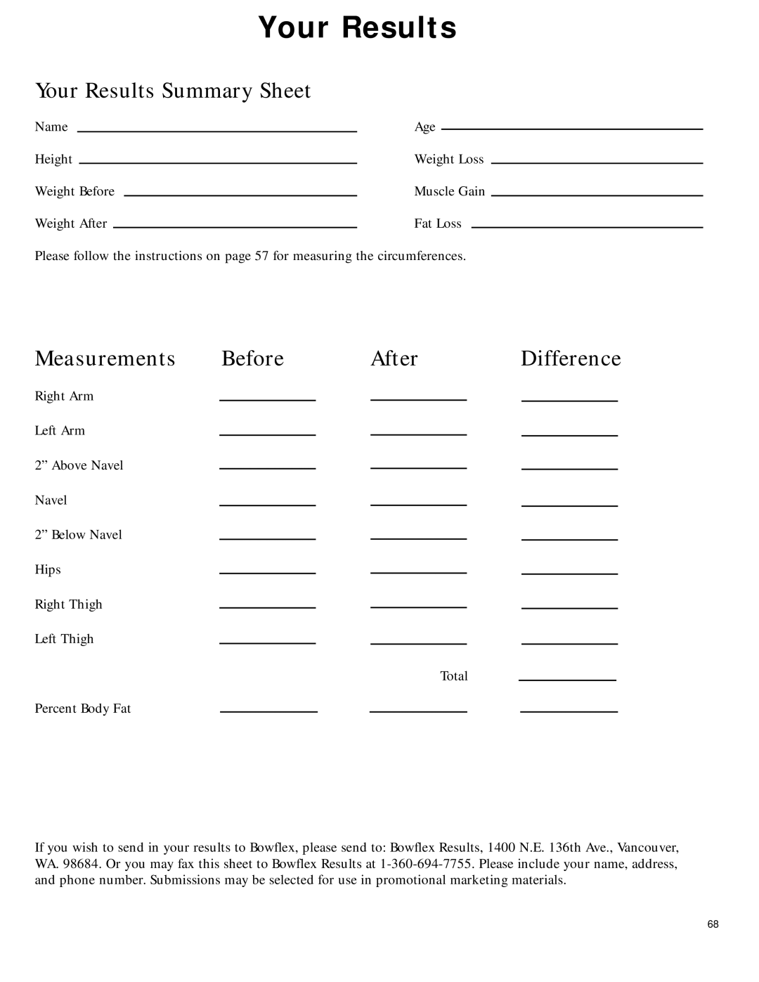 Bowflex 2 manual Your Results Summary Sheet 