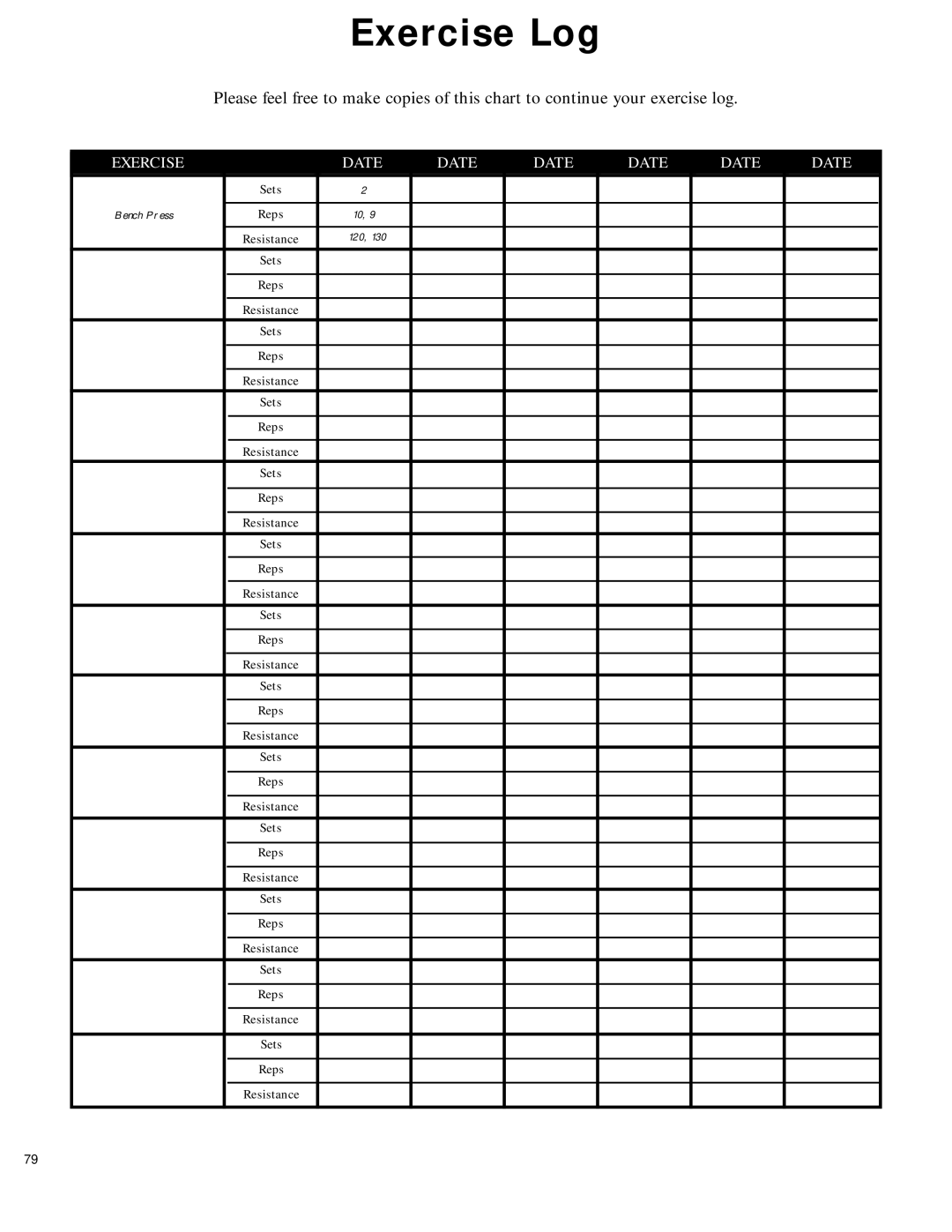 Bowflex manual Exercise Log, 120 