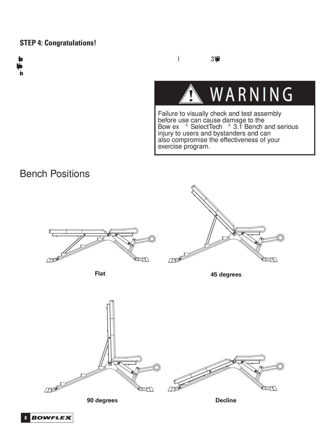 Bowflex 3.1 Bench manual Bench Positions, Congratulations 