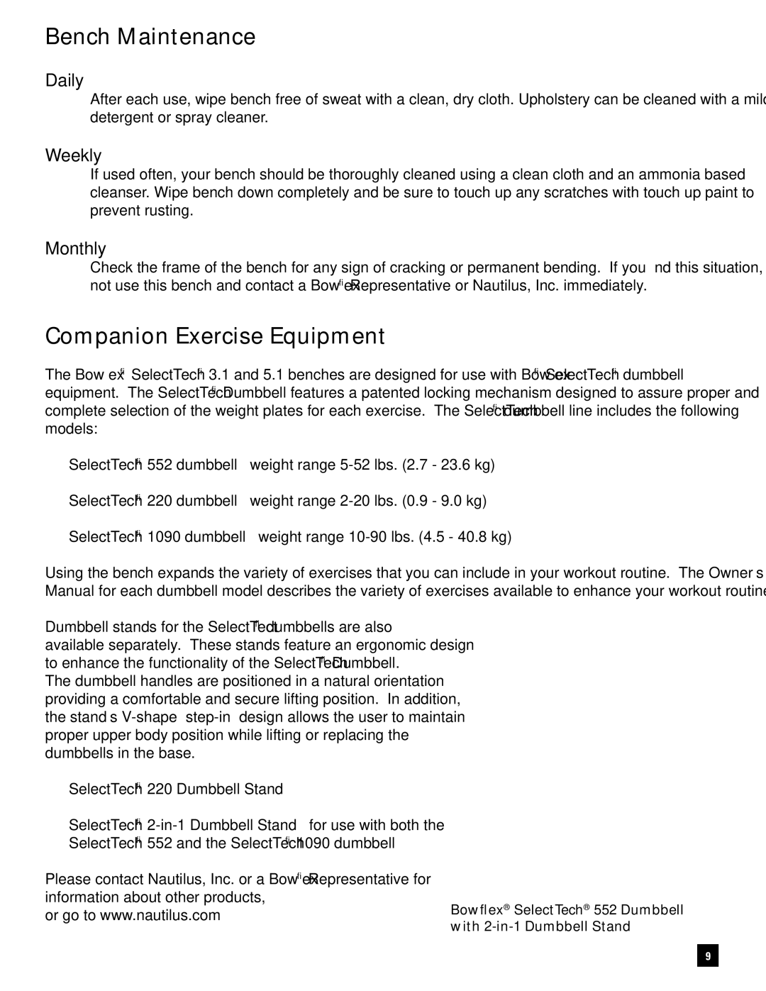 Bowflex 3.1 Bench manual Bench Maintenance, Companion Exercise Equipment 