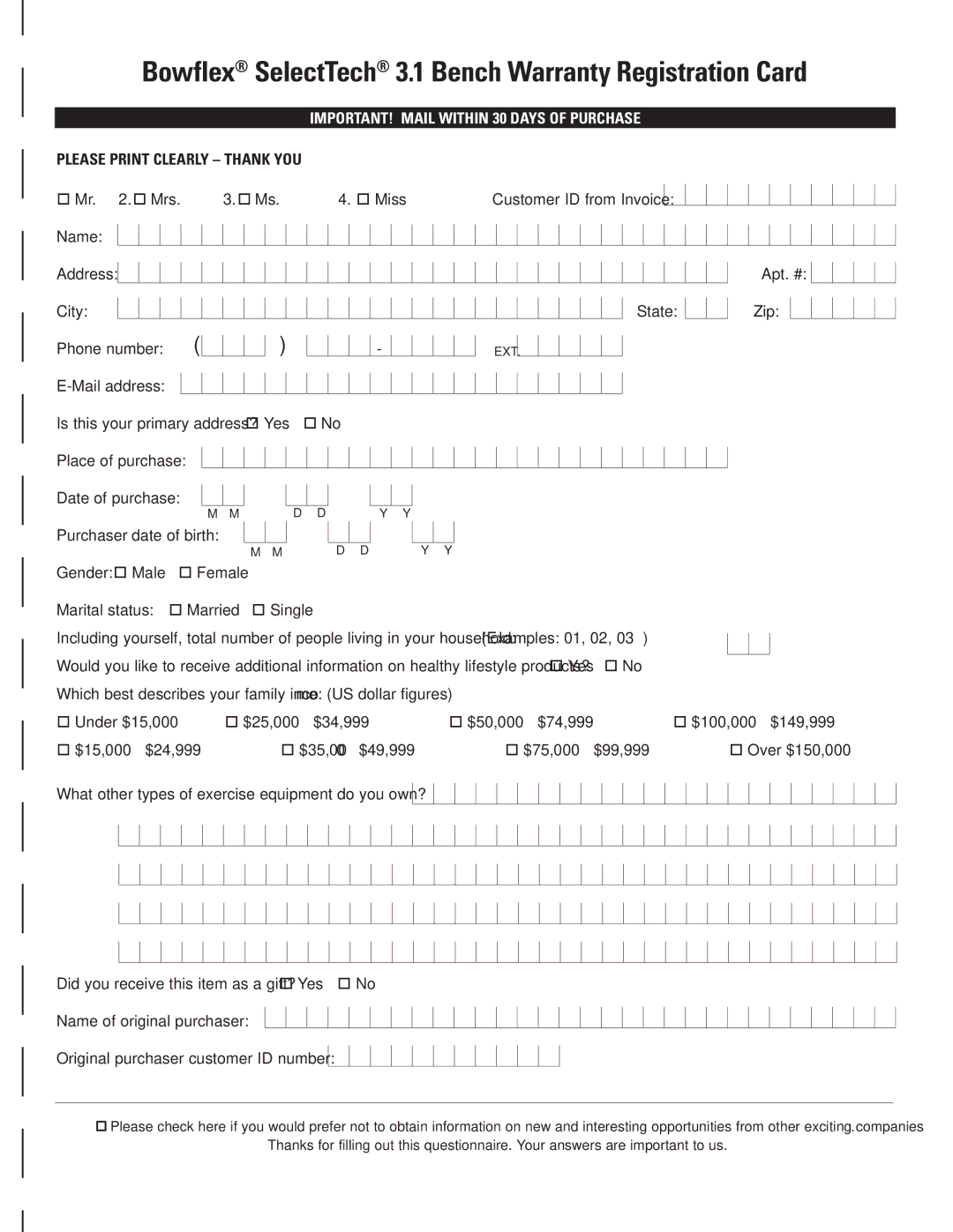 Bowflex manual Bowflex SelectTech 3.1 Bench Warranty Registration Card, IMPORTANT! Mail Within 30 Days of Purchase 