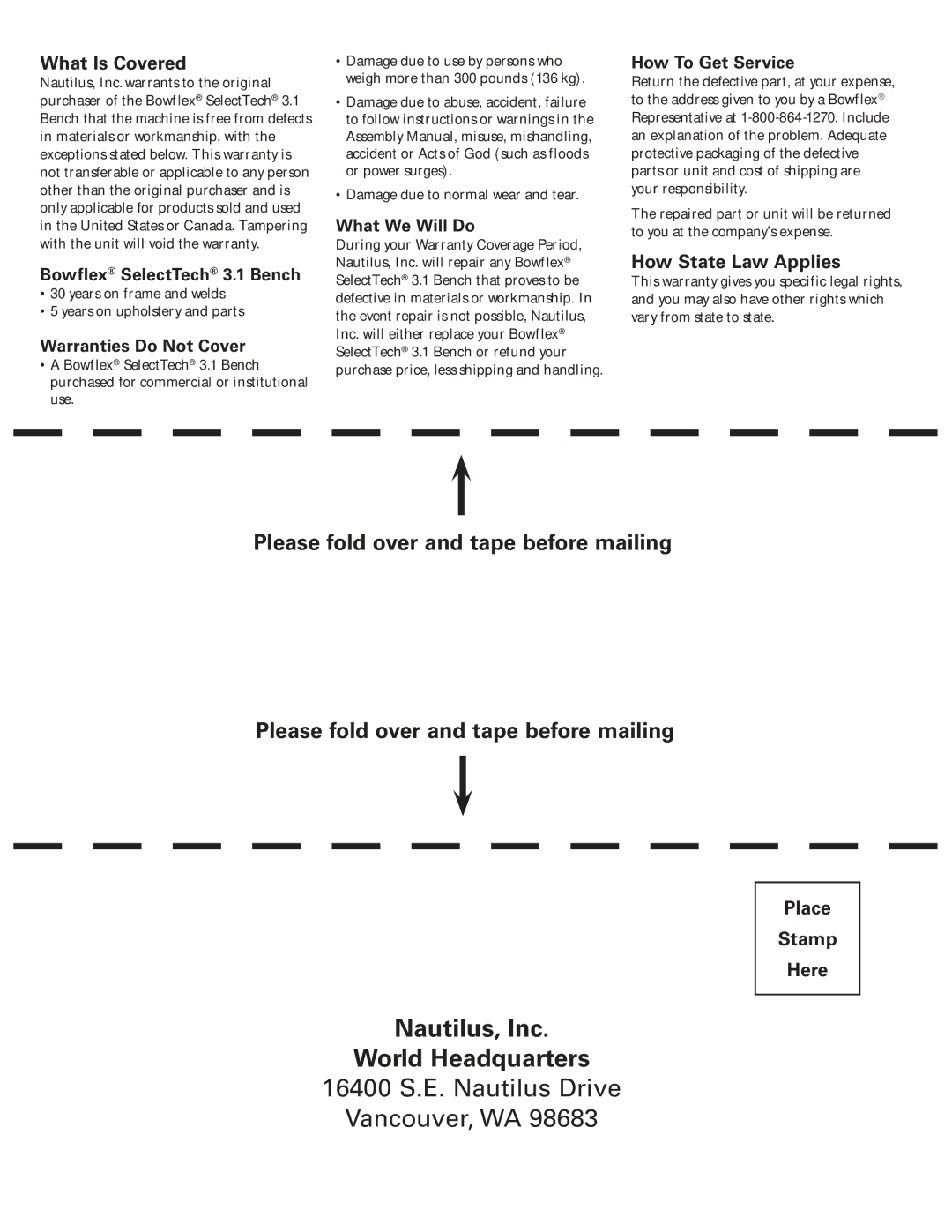Bowflex 3.1 Bench manual Please fold over and tape before mailing, What Is Covered 