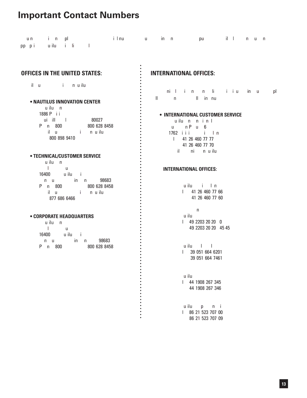 Bowflex 3.1 Bench manual Important Contact Numbers, Offices in the United States 