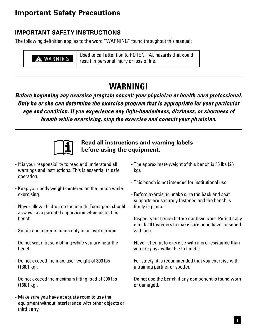 Bowflex 3.1 Bench manual Important Safety Precautions, Important Safety Instructions 