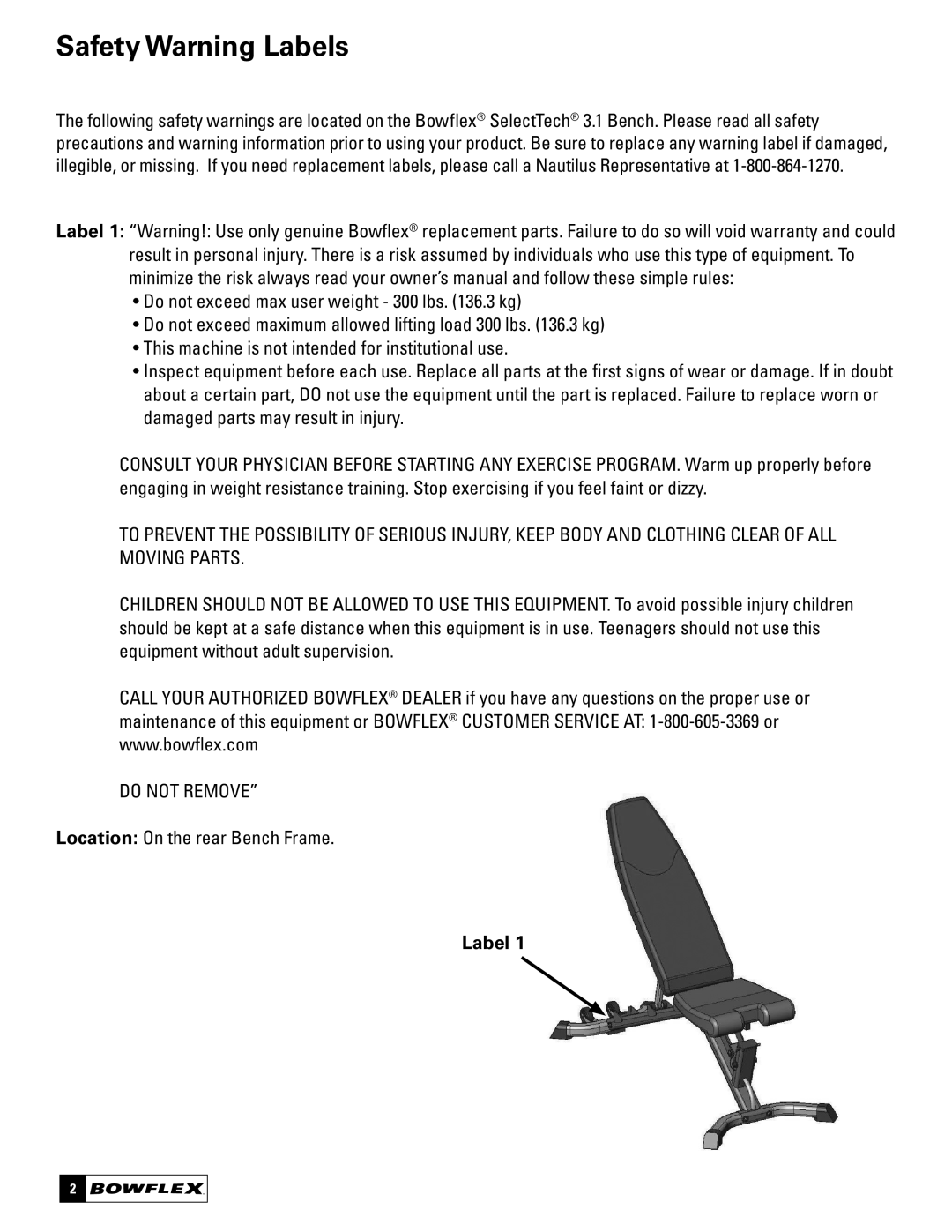 Bowflex 3.1 Bench manual Safety Warning Labels 