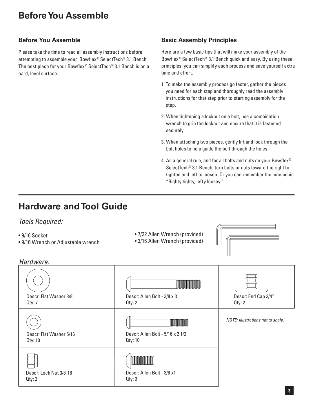 Bowflex 3.1 Bench manual Before You Assemble, Hardware and Tool Guide 