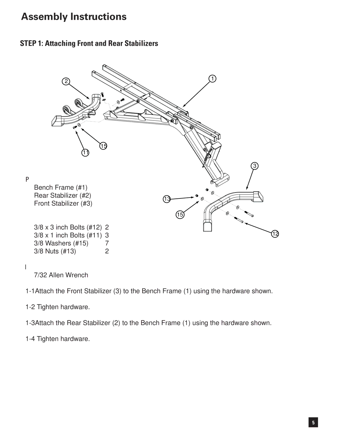 Bowflex 3.1 Bench manual Assembly Instructions, Attaching Front and Rear Stabilizers 