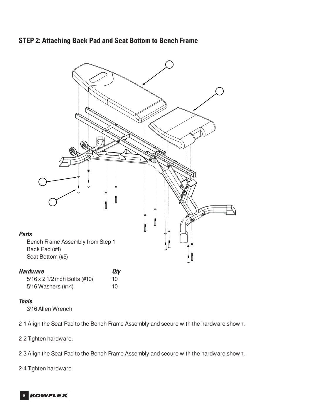 Bowflex 3.1 Bench manual Attaching Back Pad and Seat Bottom to Bench Frame 