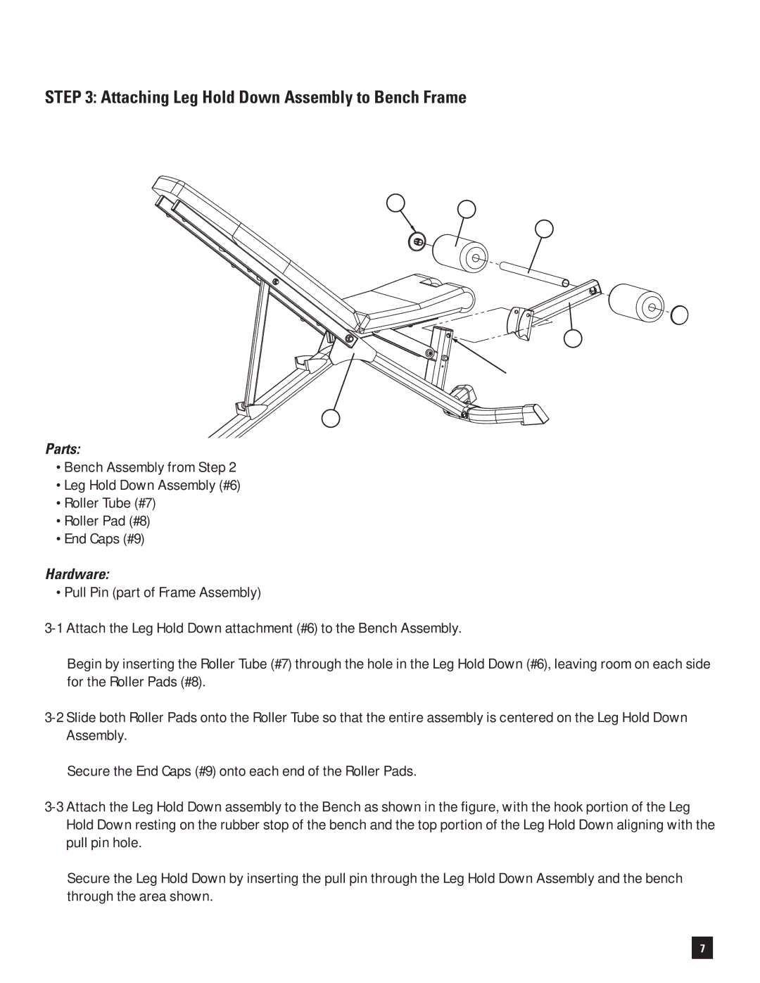 Bowflex 3.1 Bench manual Attaching Leg Hold Down Assembly to Bench Frame 