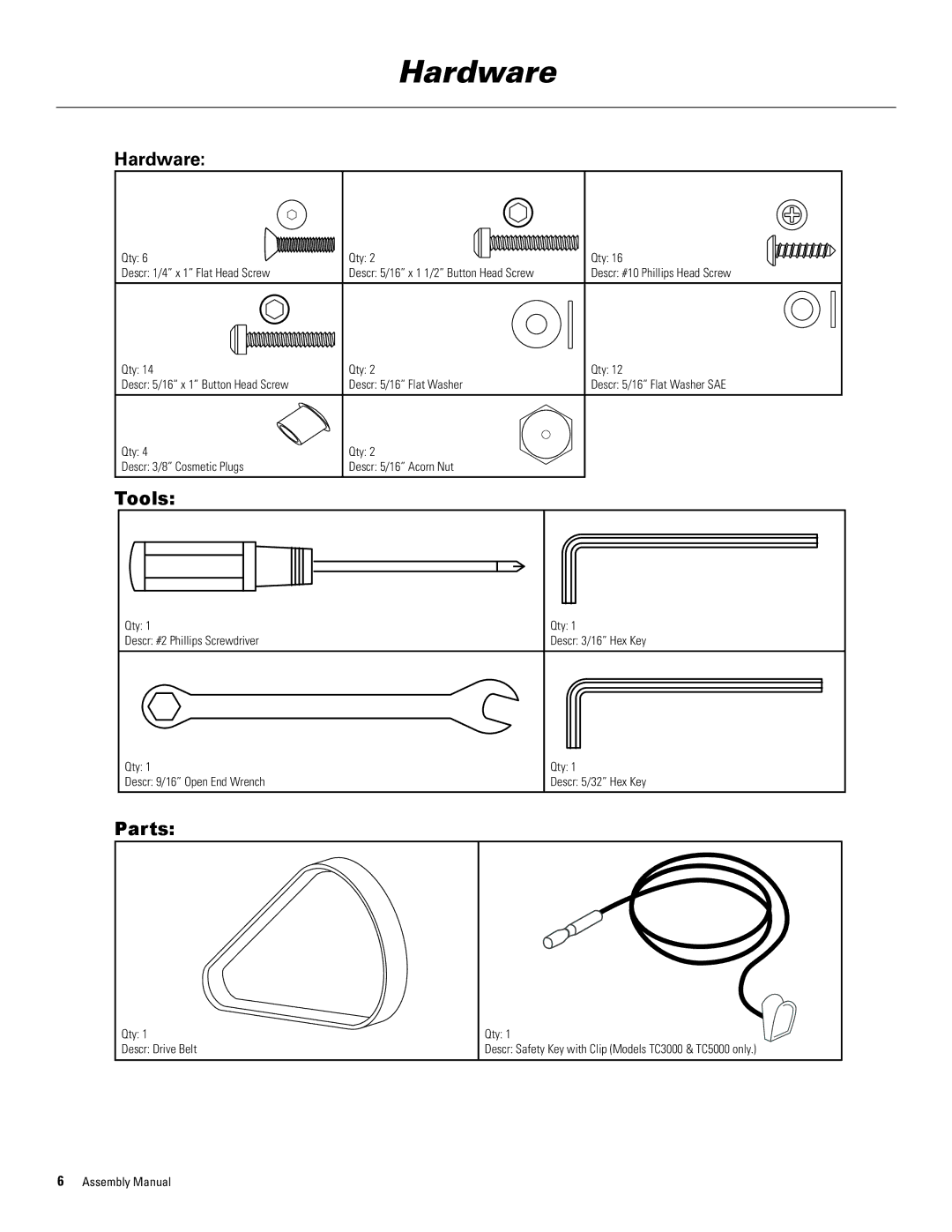 Bowflex 1000, 5000, 3000 manual Hardware 