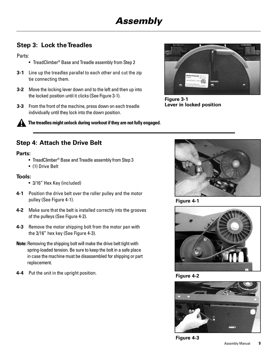 Bowflex 1000, 5000 Lock the Treadles, Attach the Drive Belt, TreadClimber Base and Treadle assembly from Step Drive Belt 