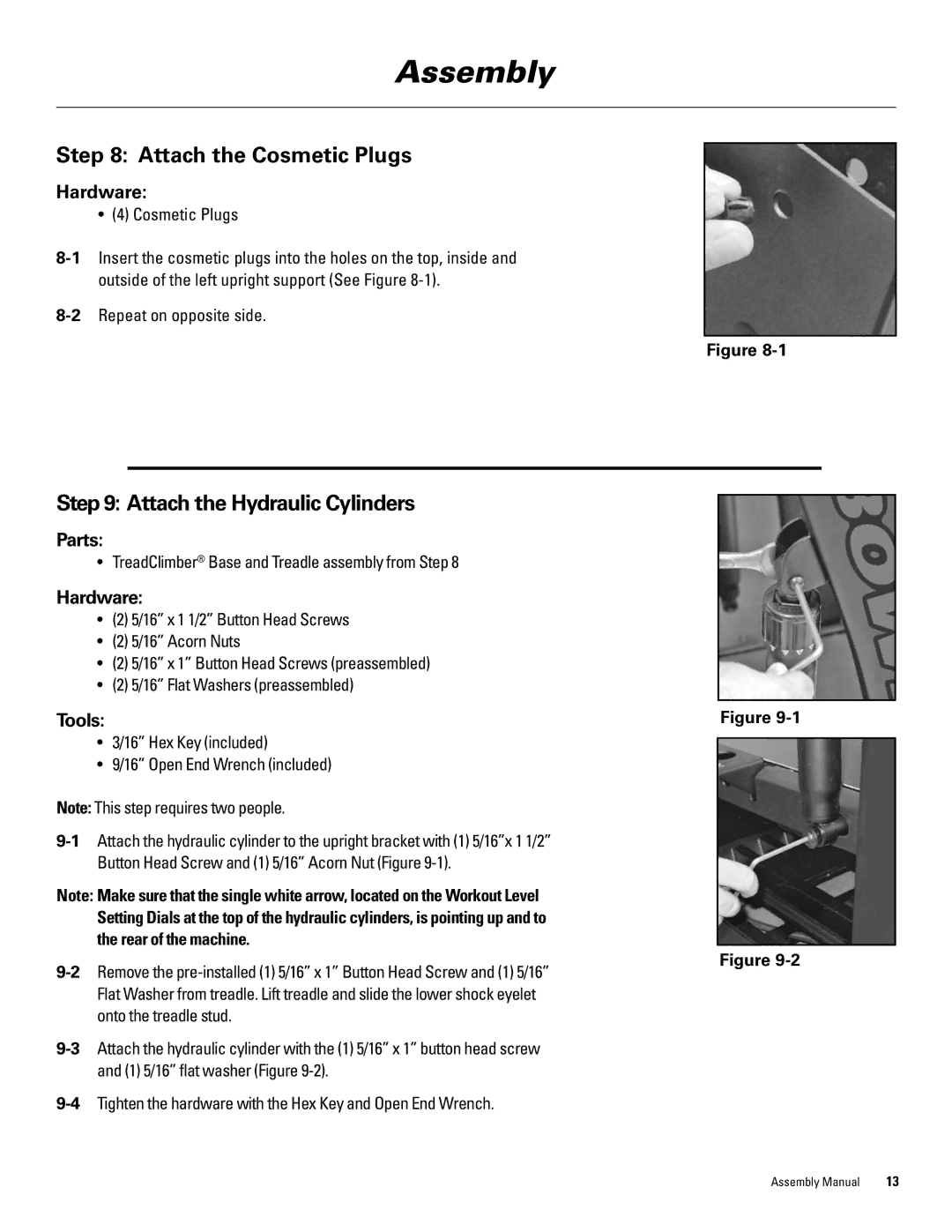 Bowflex 3000 Attach the Cosmetic Plugs, Attach the Hydraulic Cylinders, TreadClimber Base and Treadle assembly from Step 