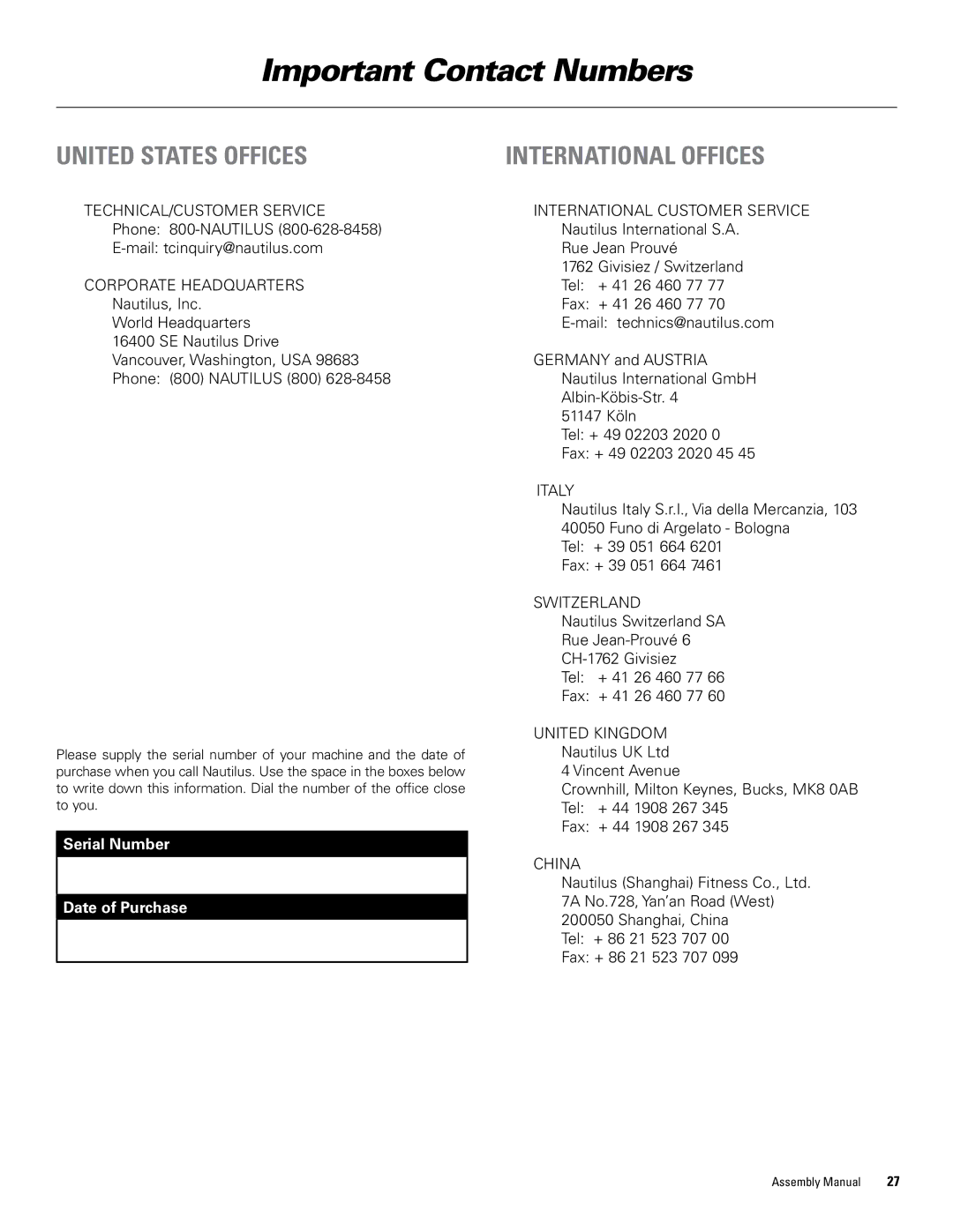 Bowflex 1000, 5000, 3000 manual Important Contact Numbers, United States Offices 