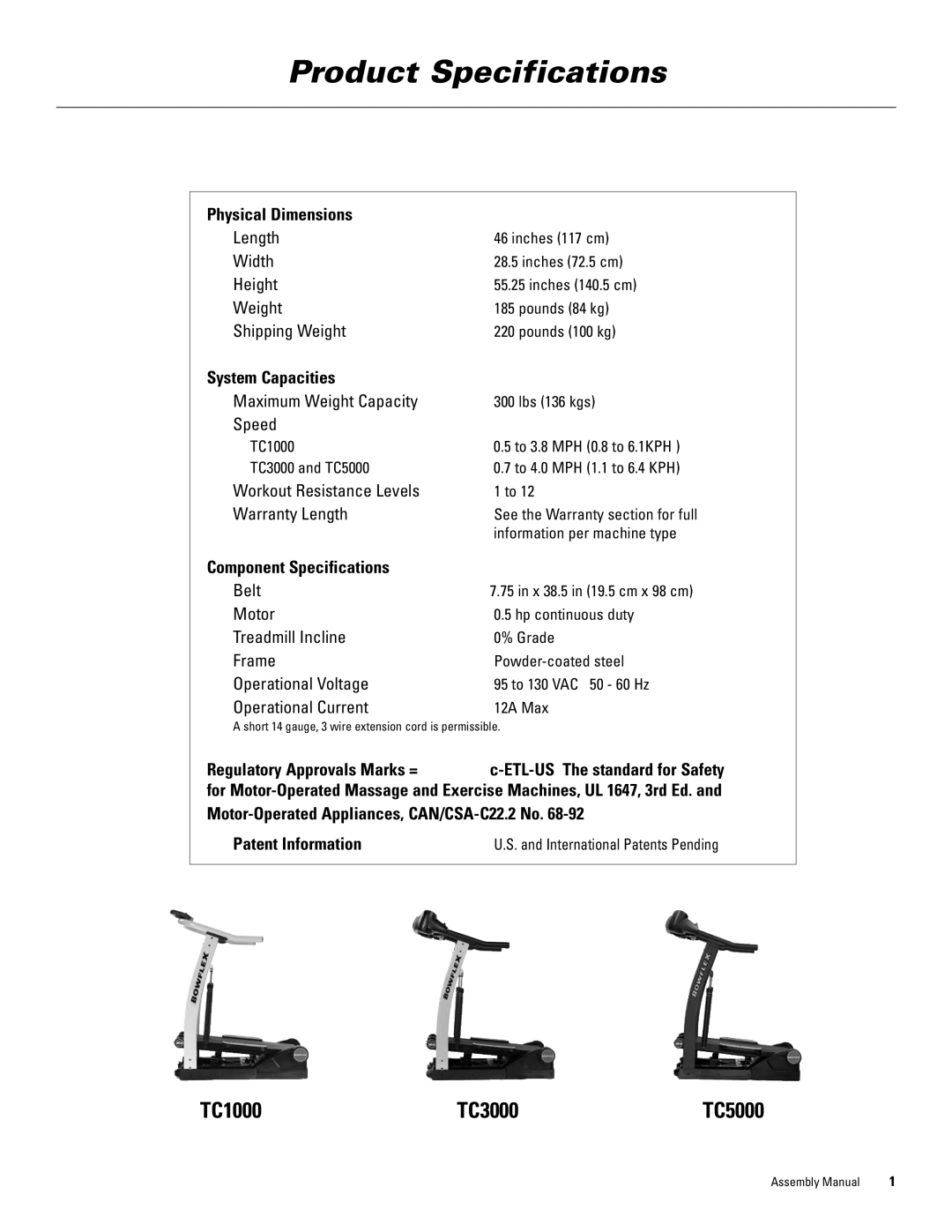 Bowflex 5000 manual Product Specifications, TC1000 TC3000 