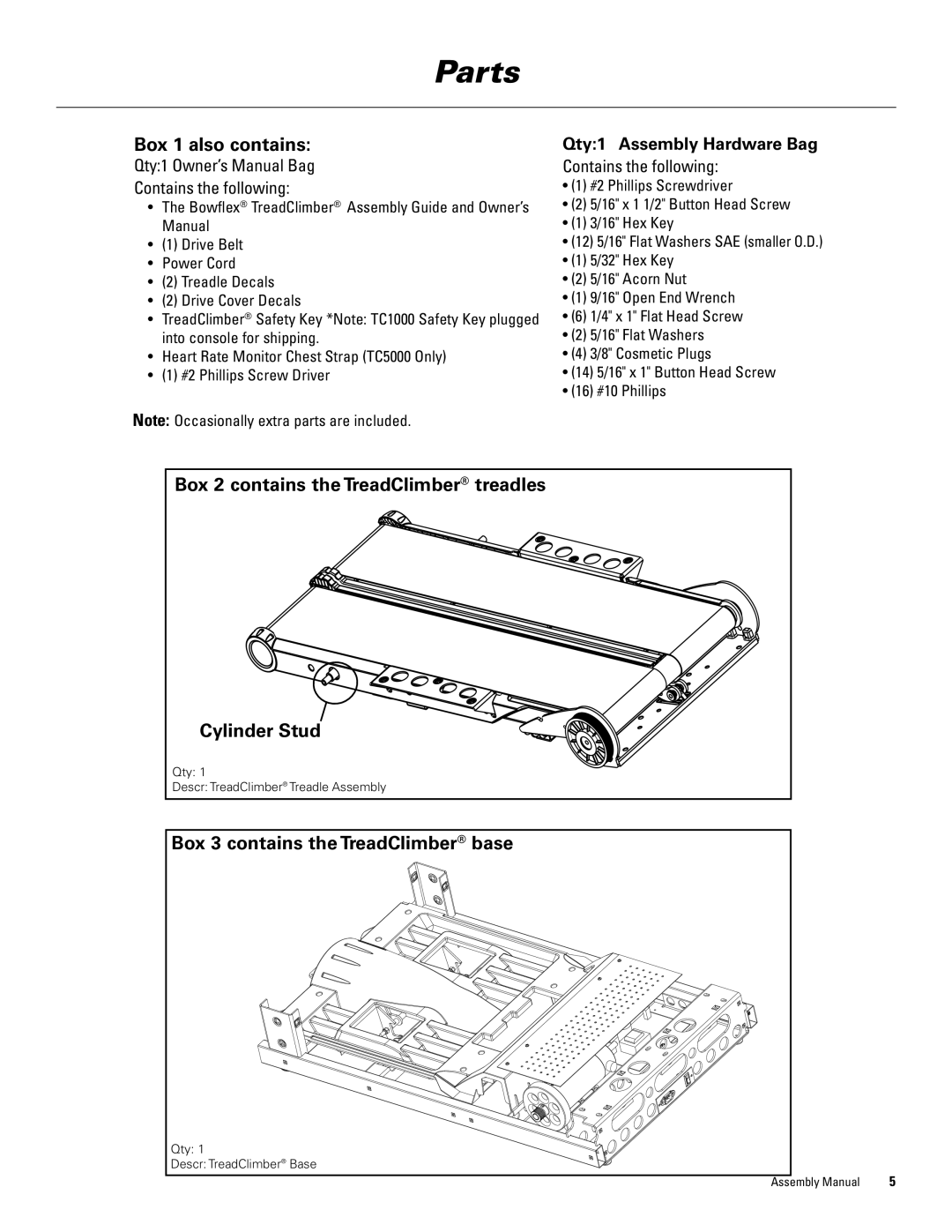 Bowflex 5000, 1000, 3000 manual Contains the following, Qty1 Assembly Hardware Bag, Box 2 contains the TreadClimber treadles 