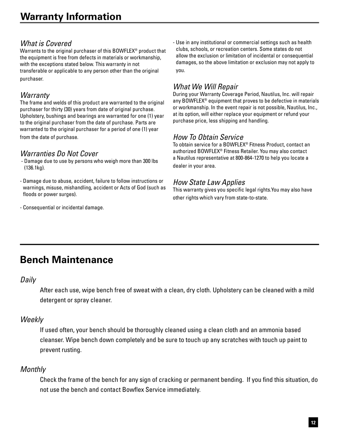 Bowflex 5.1 manual Warranty Information, Bench Maintenance 