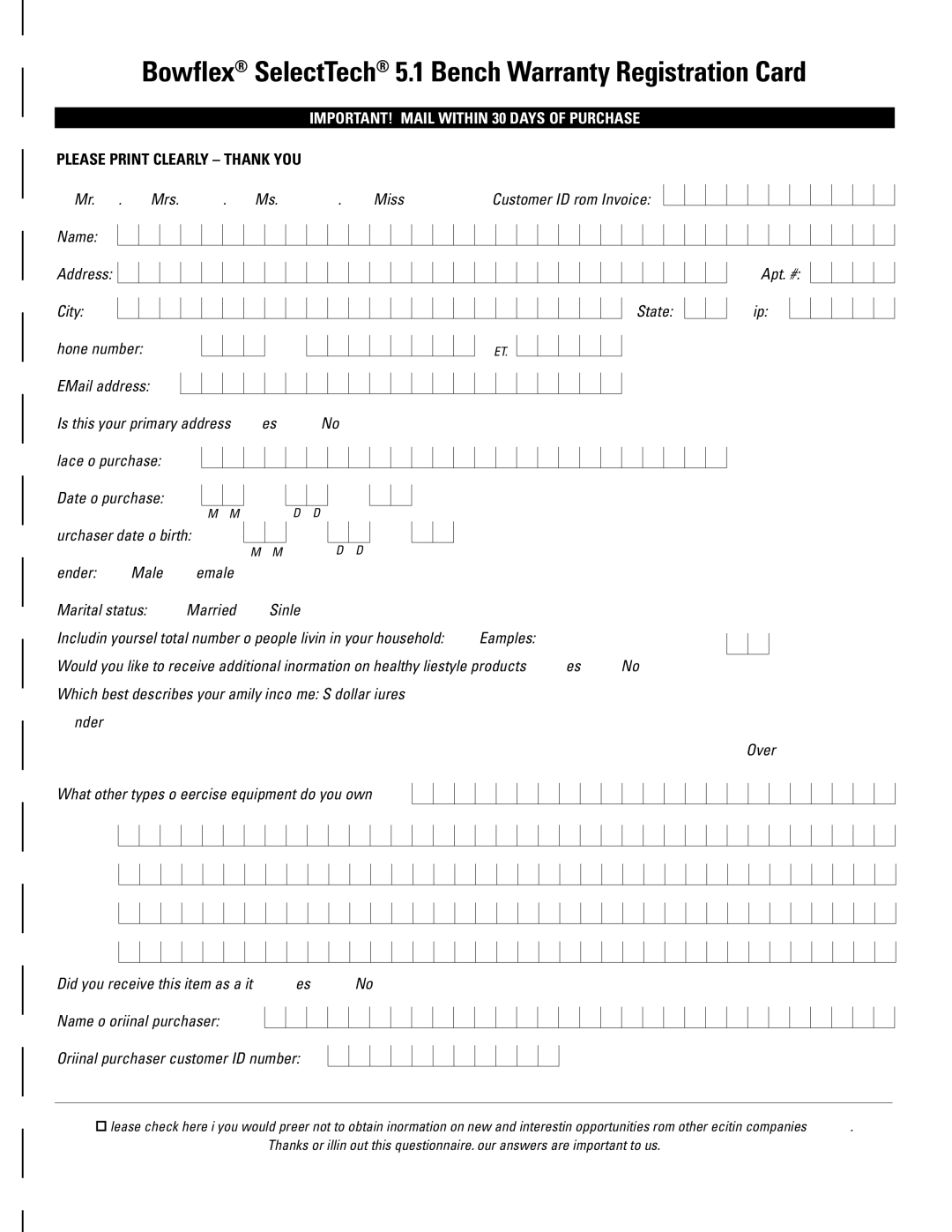 Bowflex manual Bowflex SelectTech 5.1 Bench Warranty Registration Card, IMPORTANT! Mail Within 30 Days of Purchase 