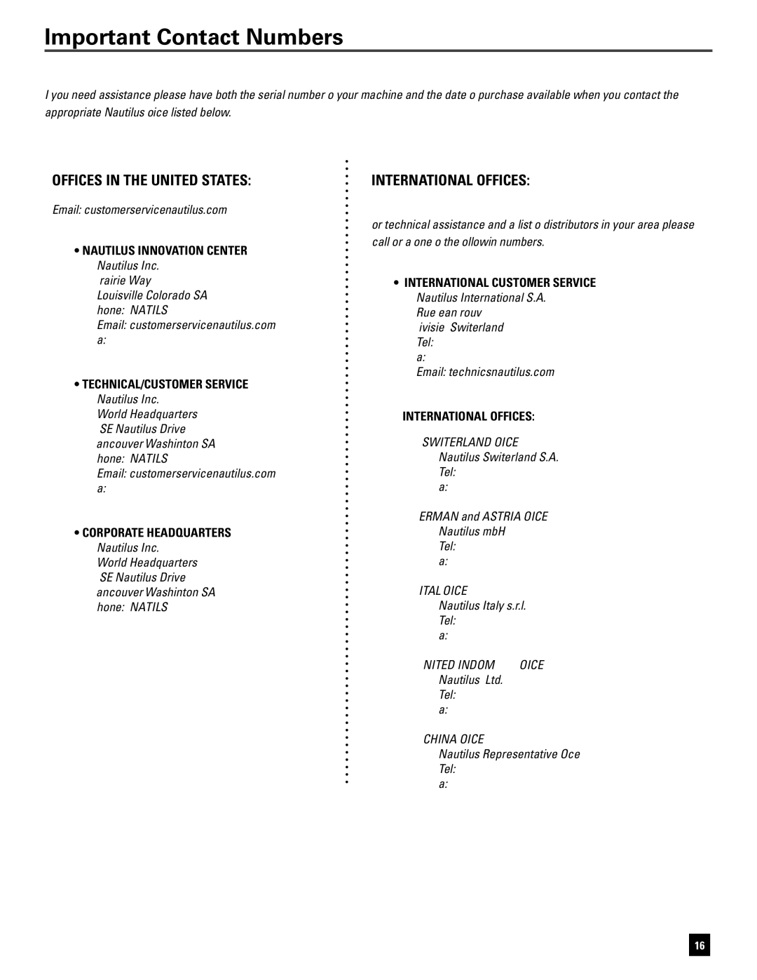 Bowflex 5.1 manual Important Contact Numbers, Offices in the United States 