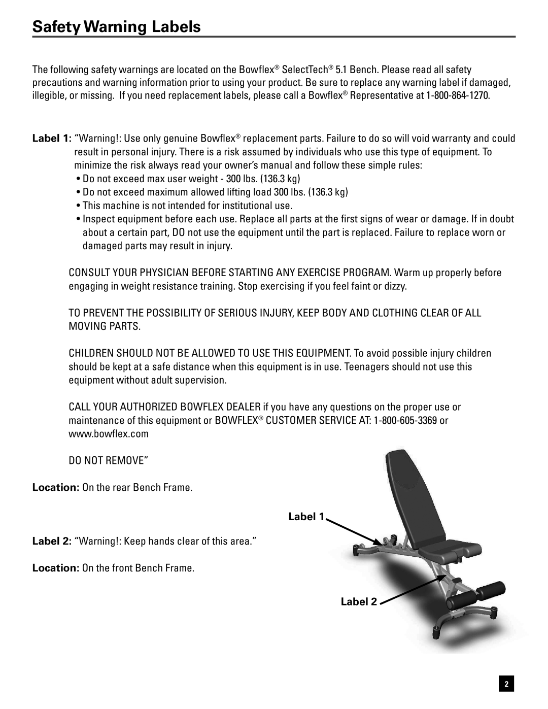 Bowflex 5.1 manual Safety Warning Labels 