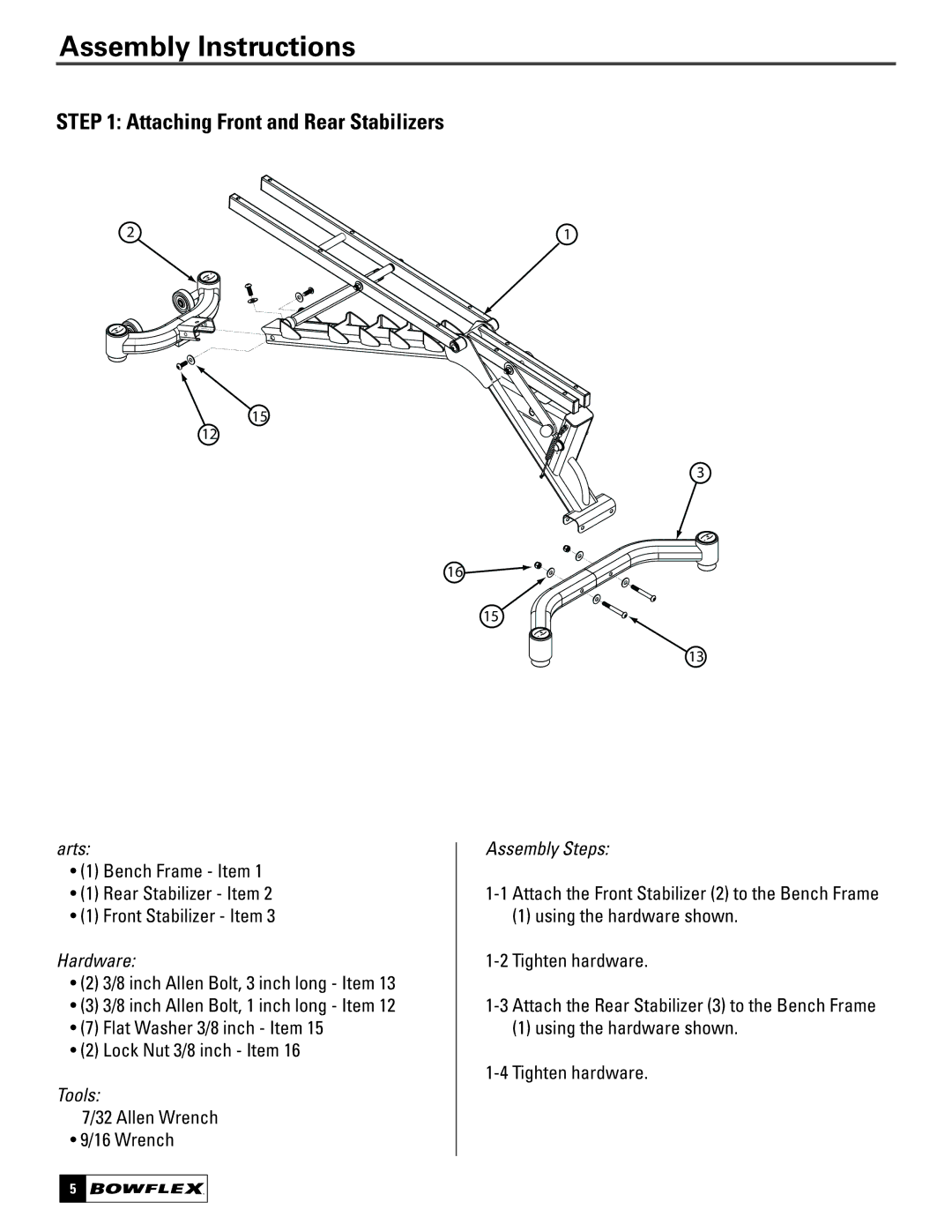 Bowflex 5.1 manual Assembly Instructions, Attaching Front and Rear Stabilizers 