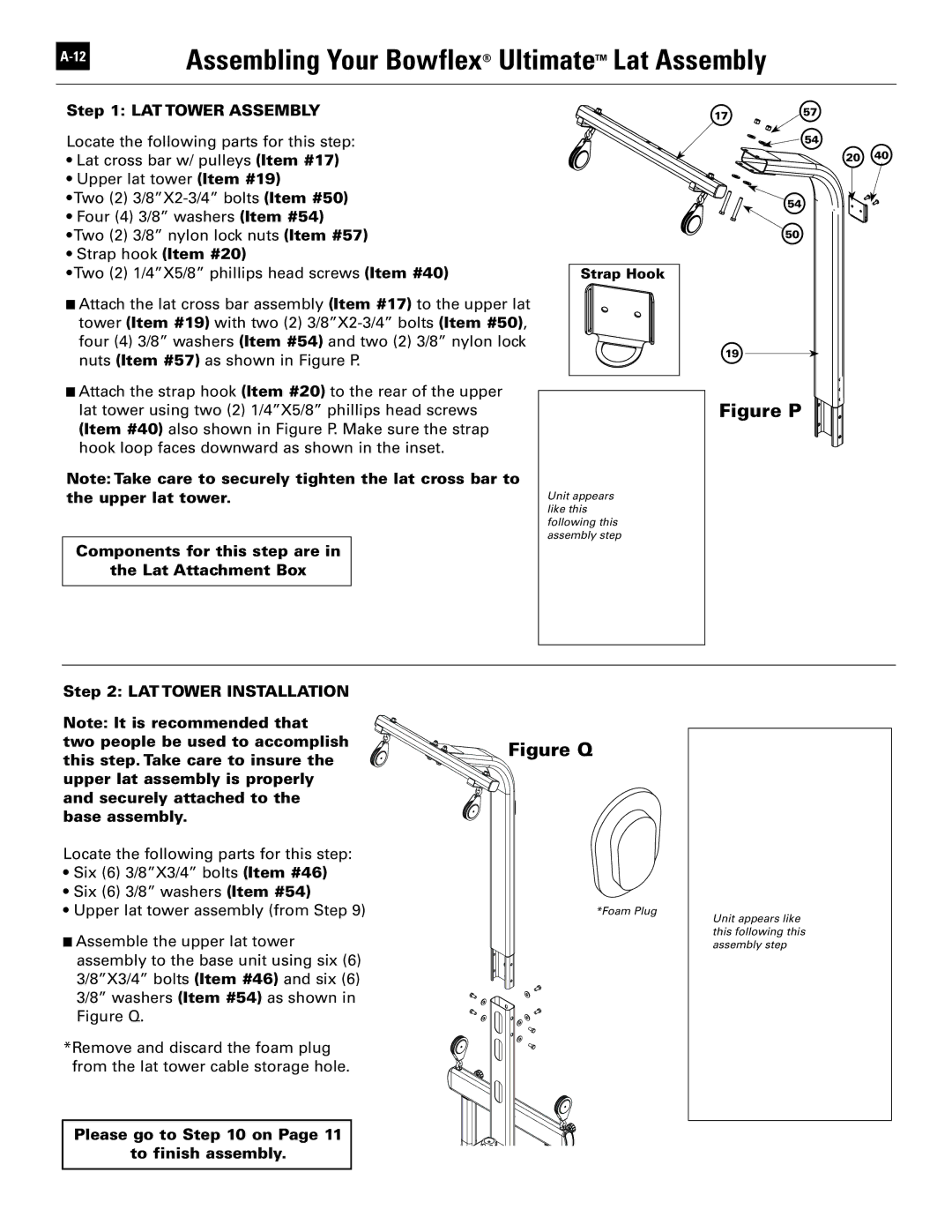 Bowflex 51370 manual Assembling Your Bowflex Ultimate Lat Assembly, LAT Tower Assembly, LAT Tower Installation 