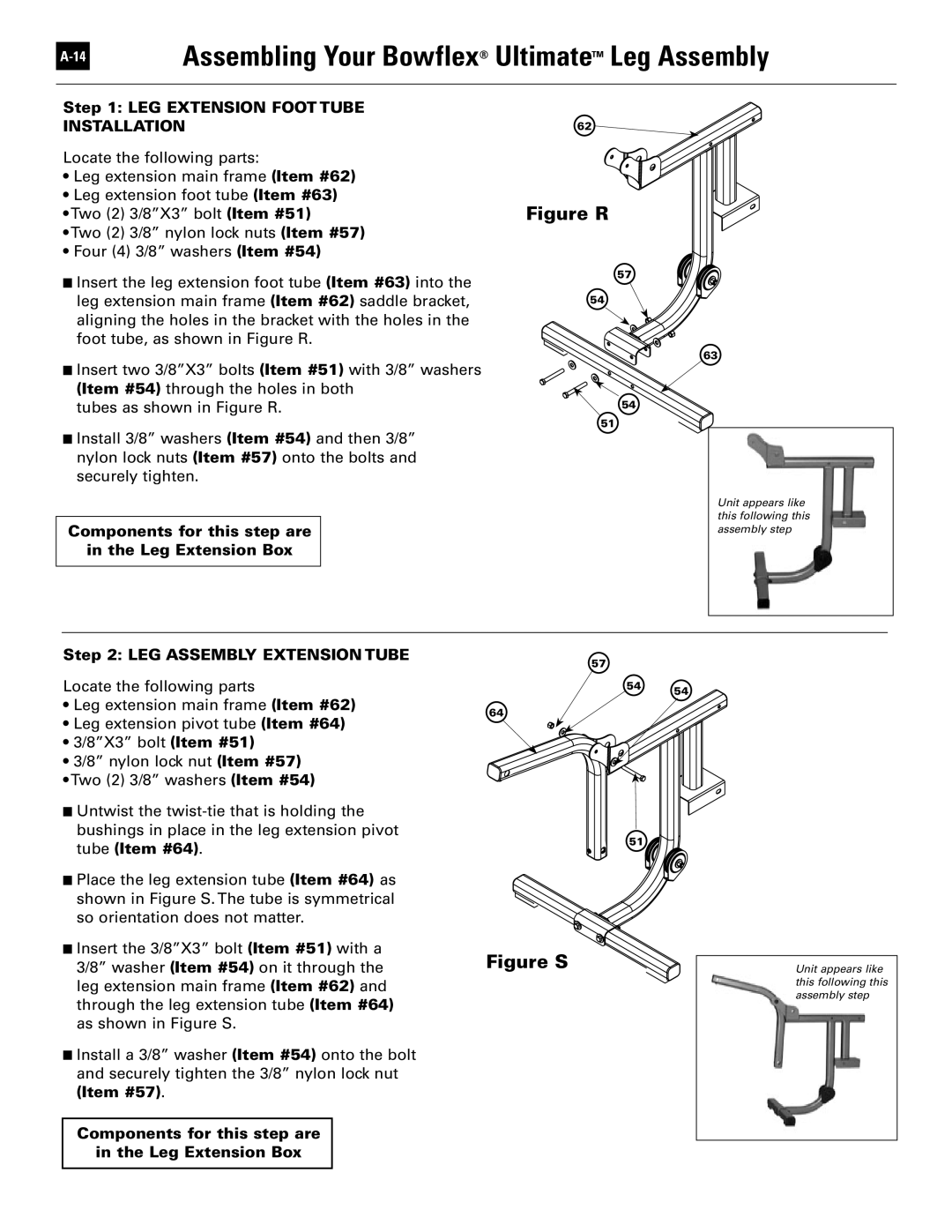 Bowflex 51370 manual Assembling Your Bowflex Ultimate Leg Assembly, LEG Extension Foot Tube, LEG Assembly Extension Tube 