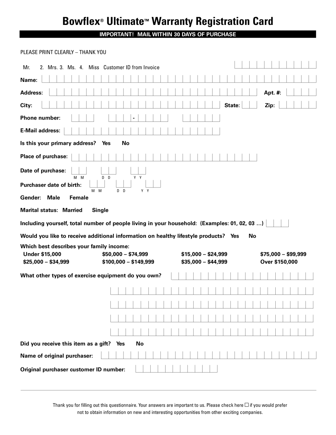 Bowflex 51370 manual Bowflex Ultimate Warranty Registration Card, Mrs . Ms . Miss Customer ID from Invoice 